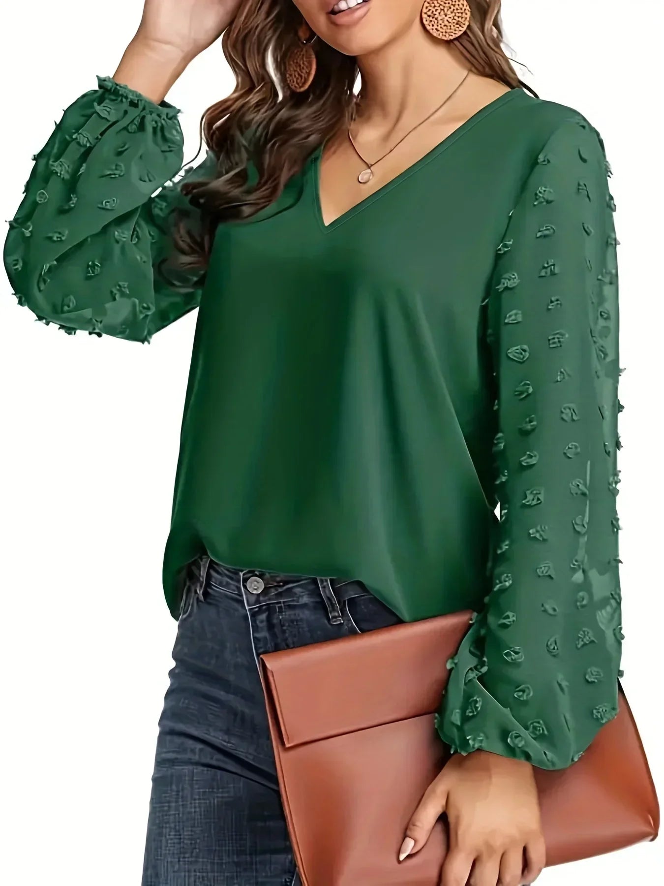 Plus Size V-Neck Swiss Dot Sleeve Shirt